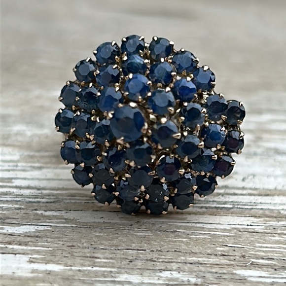 Sold-14K Yellow Gold Spiral Cluster Cocktail Natural Round Shape Blue Sapphire - Picture 7 of 17